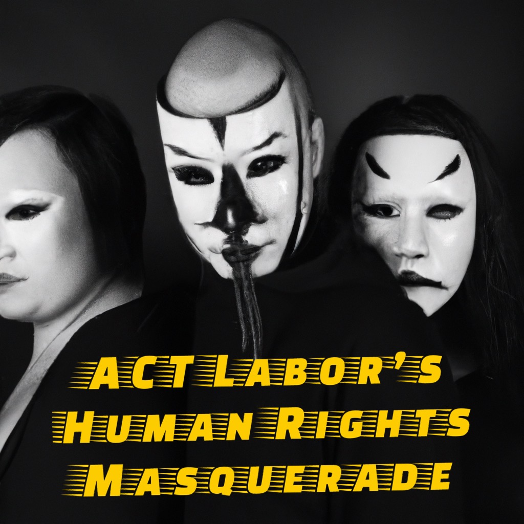 Black and white image showing people wearing Asian styled masked. Writing on the image states, "ACT Labor's Masquerade".