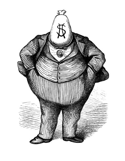 Obese man wearing three piece suit and having a money bag in place of his head.