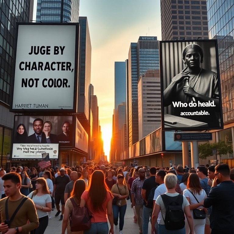 A street filled with people. A billboard proclaims, "Judge by character not color".