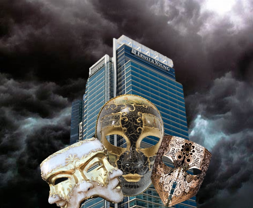 Masks at the foot of the Ernst & Young building in a stormy sky.