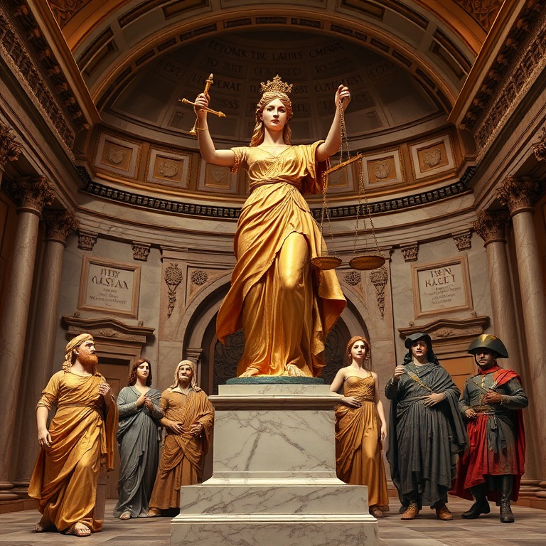 Statue of Justitia raised on a plinth above a small group of people of varying eras from Ancient Greek to Napoleonic.