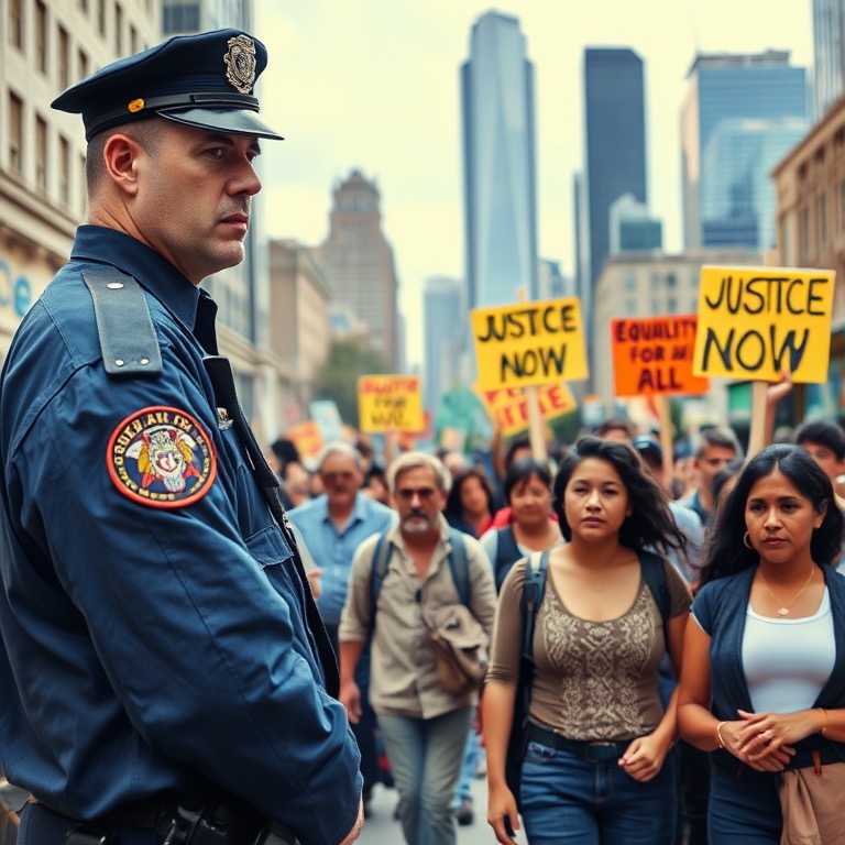 A police officer in front of a protest crowd carrying placards about justice and equality.